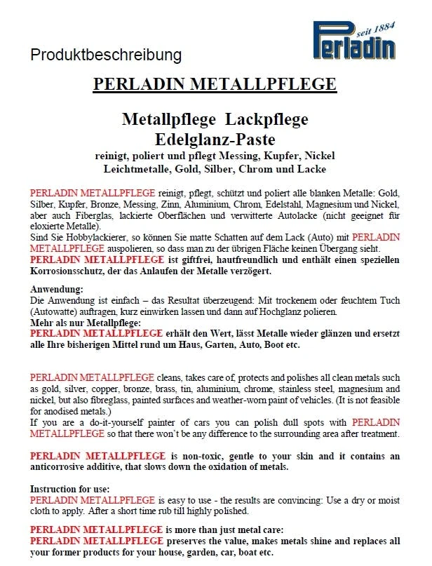 Perladin Premium Metallpflege Metallreiniger Paste EdelGlanz Tube 50ml Edelstahlpflege Reiniger 2 Perladin Premium Metallpflege Metallreiniger Paste EdelGlanz Tube 50ml Edelstahlpflege Reiniger – Bild 2